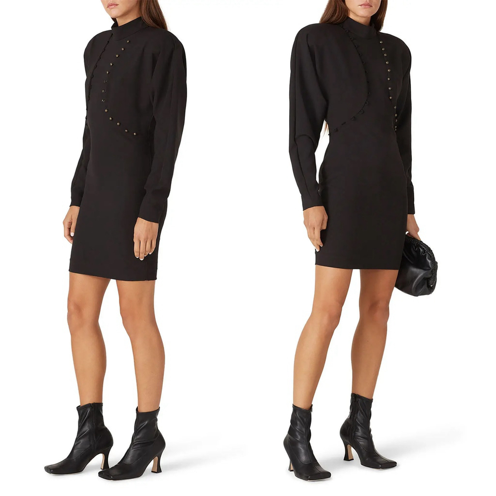 Nicole Miller Black Puff Sleeve Button Dress Mock Neck Women's $395 - Size 10